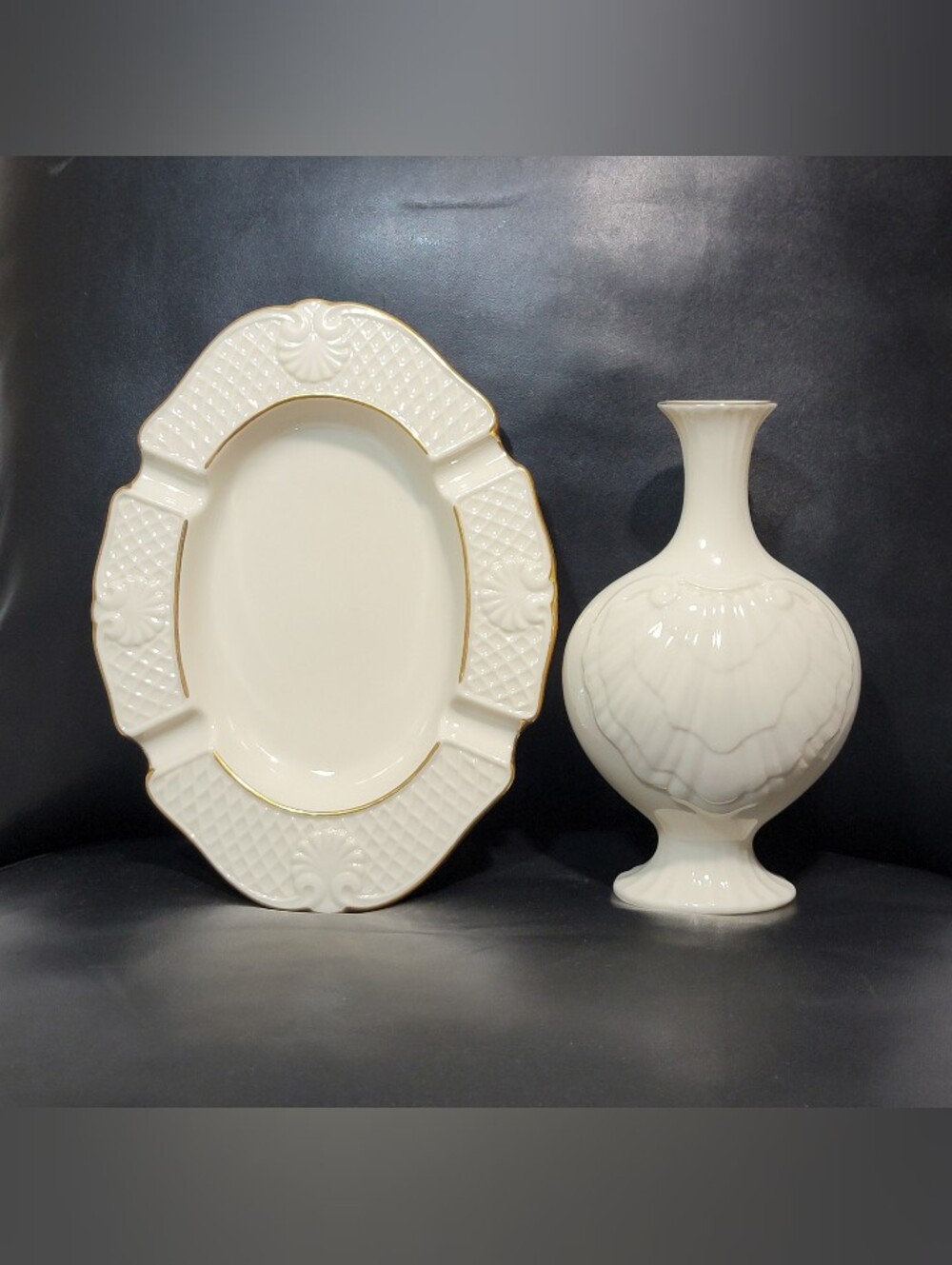 Vtg Lenox Aegean 2 Pc Set 24K Gold Trim Oval Shell Dish & Bud Vase Discontinued